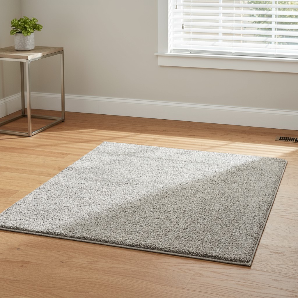 A rectangular, light grey area rug with a textured fibre finish lies on a light wooden floor, in a corner next to a metal-...