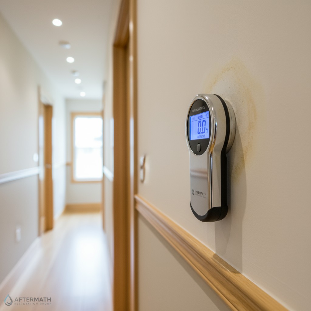A wall-mounted thermometer-hygrometer on a beige hallway wall, with another hallway in the distance.