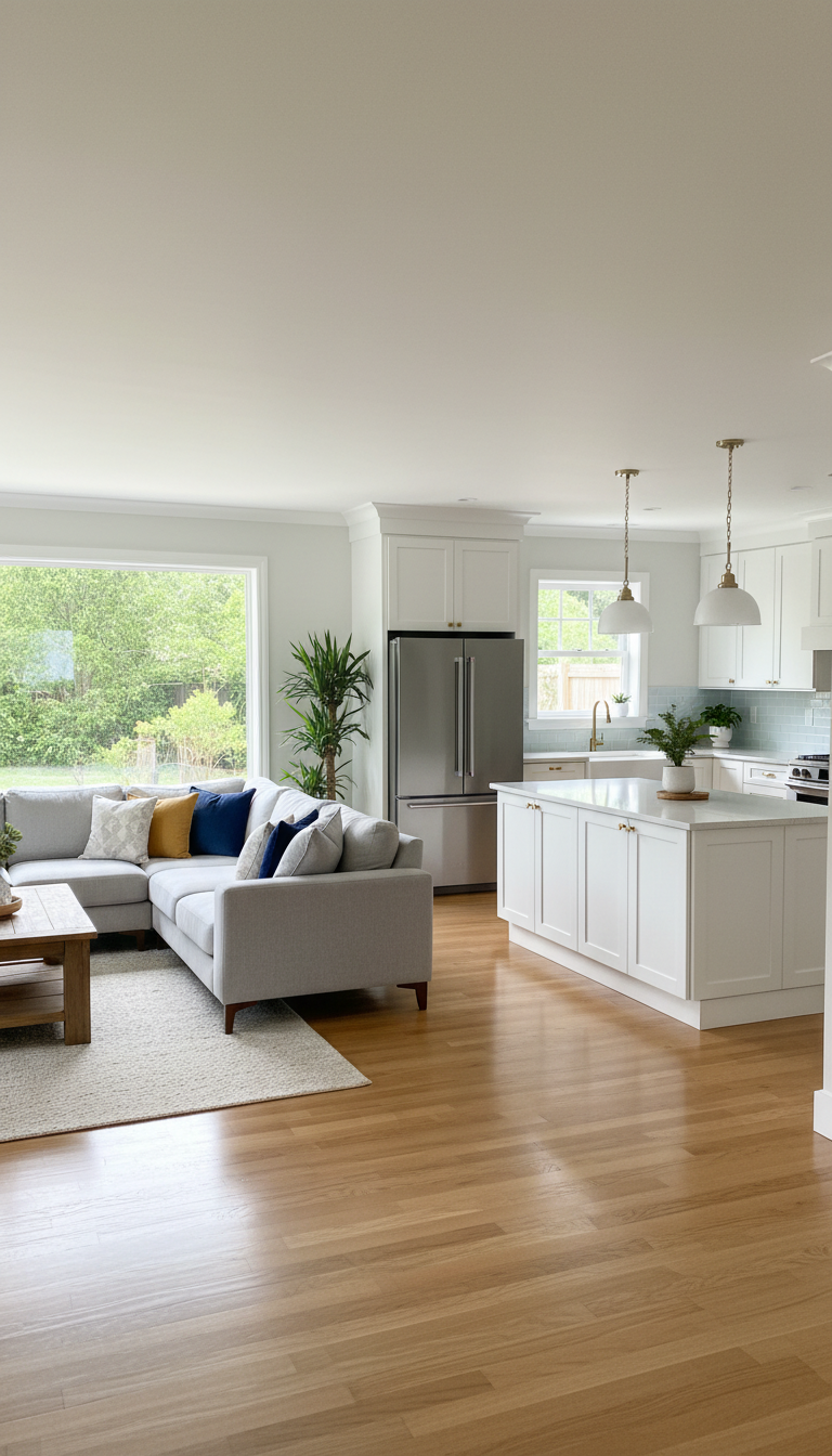 fully restored home interior after water and mold damage, clean and bright with new furnishings