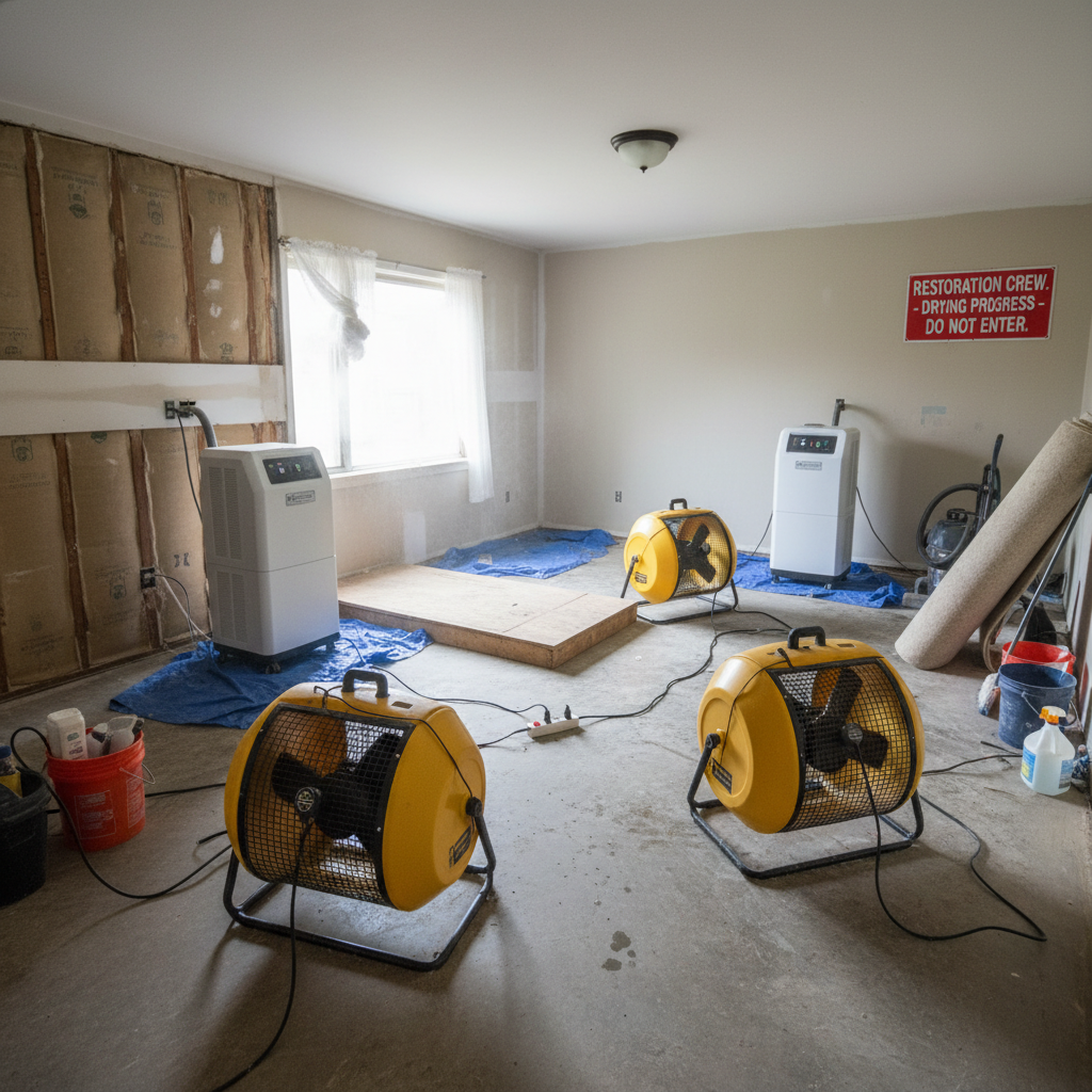 multiple fans and dehumidifiers running in a room after a restoration demo and clean up