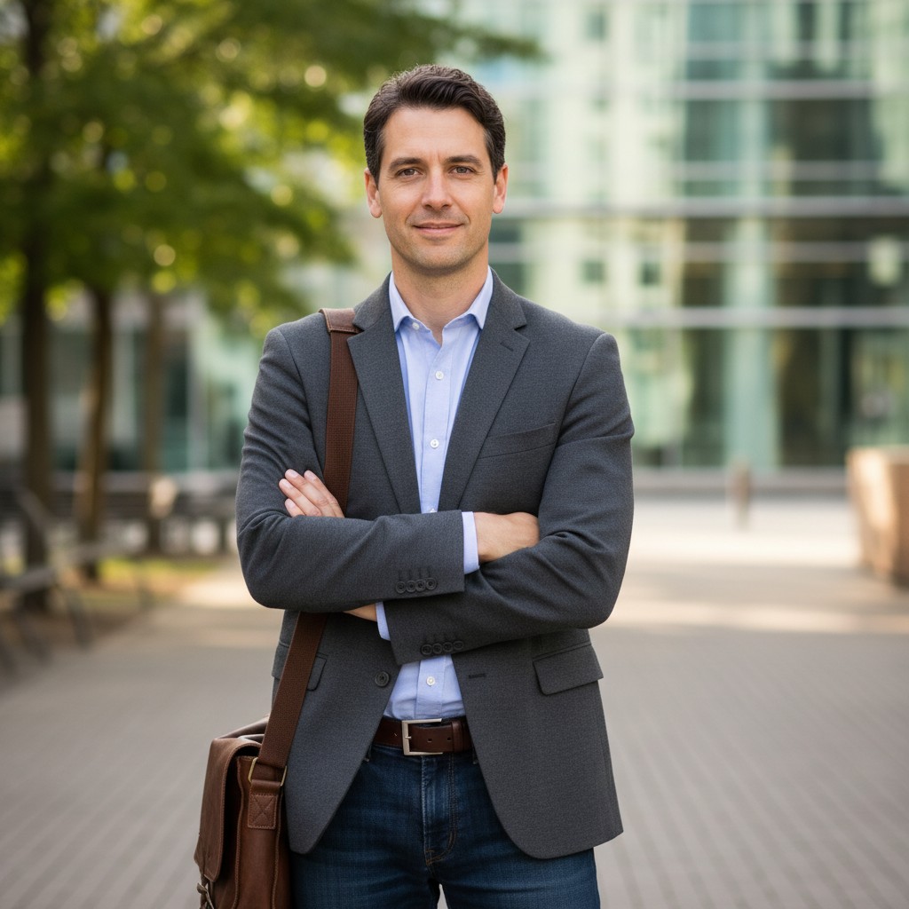 The image depicts a man standing outdoors, dressed in a professional grey blazer, blue jeans, and a light blue collared sh...