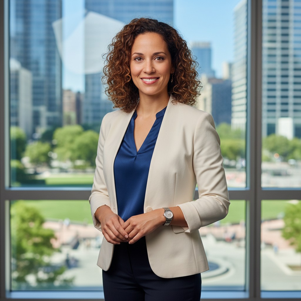 A woman in a business suit stands in front of a window with a cityscape view. : Woman in white blazer and blue shirt stand...