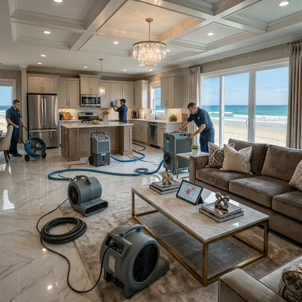 Technicians use industrial drying equipment and fans to remediate water damage in a home.