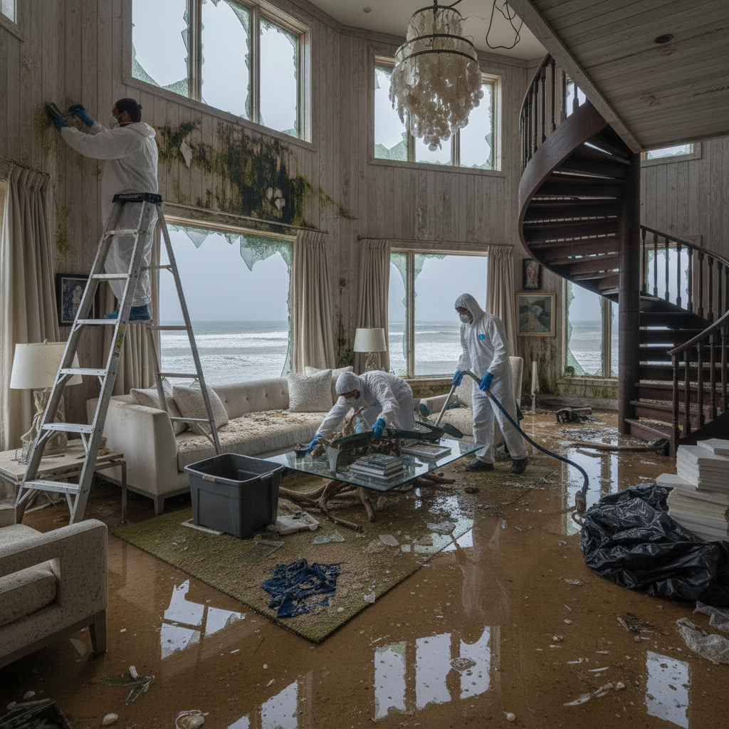 Flooded living room with broken windows overlooking a stormy grey ocean.